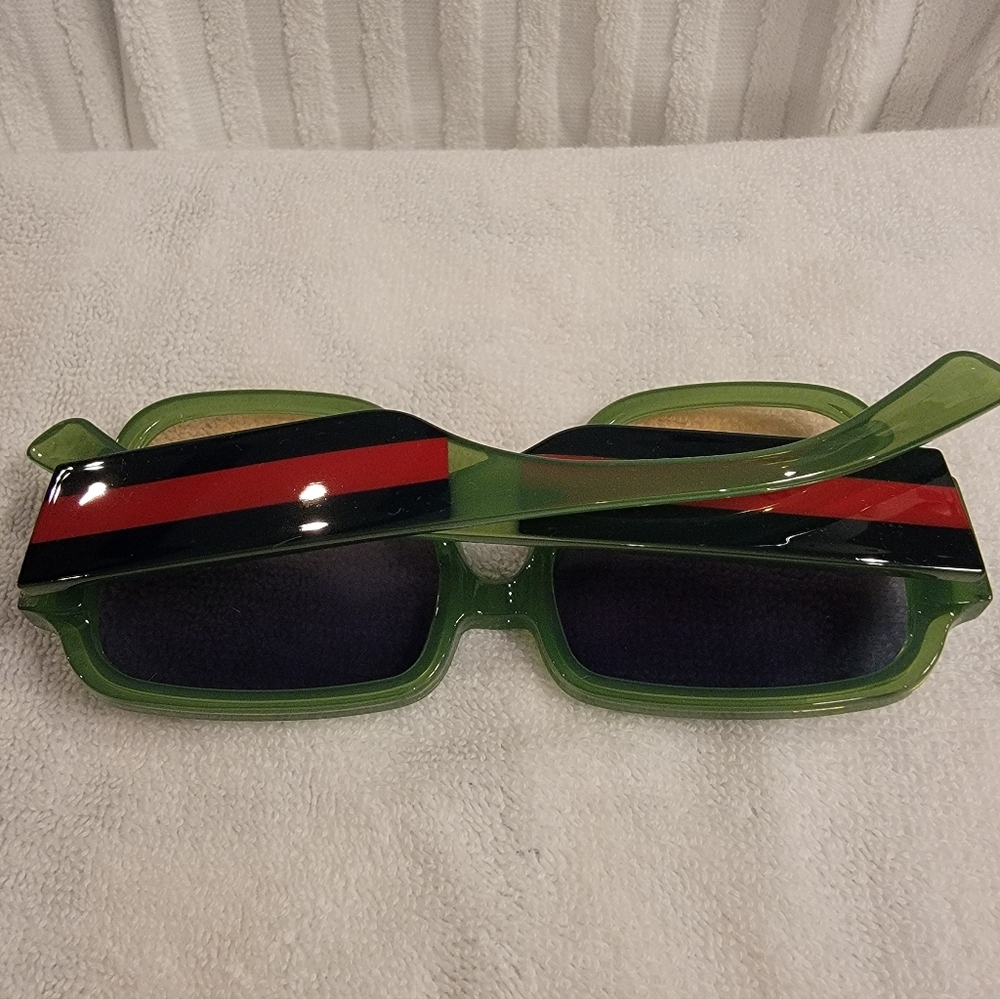 Green Rectangular Sunglasses with green and Red Stripes